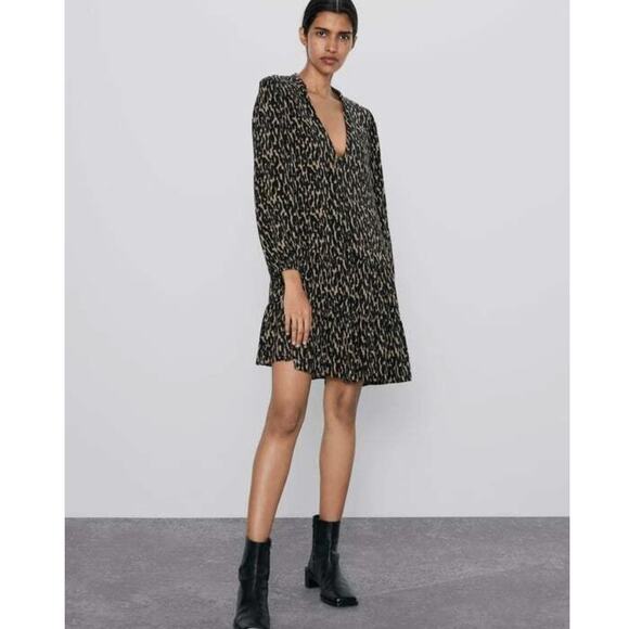 ZARA Black Tan Animal Print V Neck Flounce Hem Mini Shift Dress Small Tunic - Picture 1 of 7